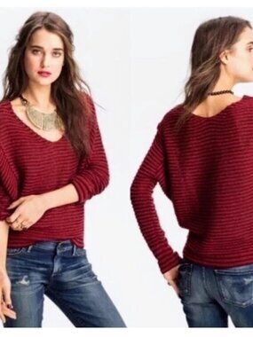 Free People Bumblebee Red Striped V-Neck Linen Wool Sweater Size Small